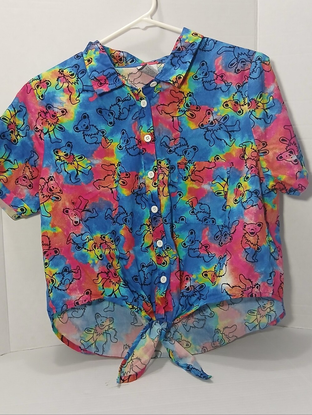 Grateful Dead Women's XL Crop Tie Front Button Up Shirt - Dancing Bears Tie-Dye